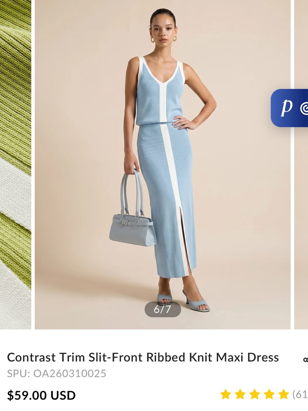 Commense Contrast Trim Slit-Front Ribbed Knit Maxi Dress - Light Blue NWT